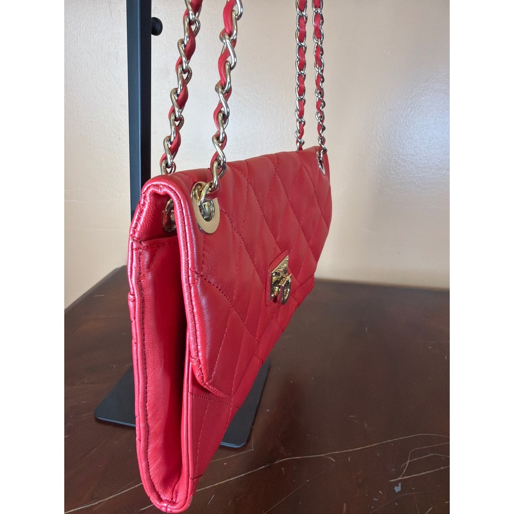 DKNY Red Quilted Leather Shoulder Bag Gold Chain Strap Turn Lock Flap Purse - Picture 8 of 14